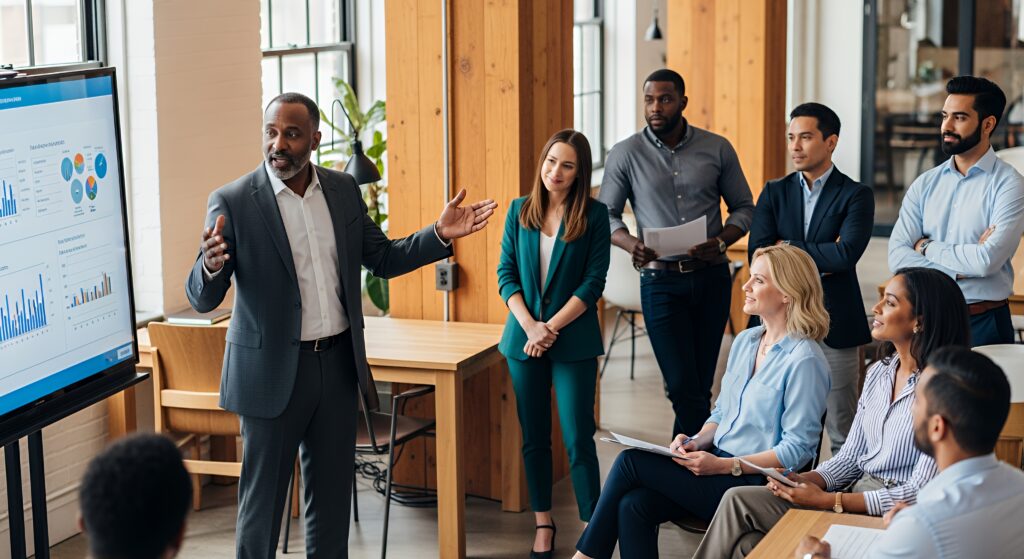 confident speaker presents data on a digital display during a productive business meeting