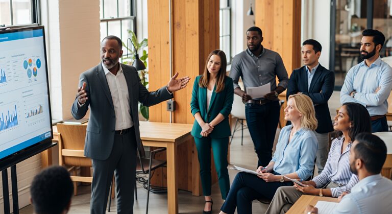 confident speaker presents data on a digital display during a productive business meeting