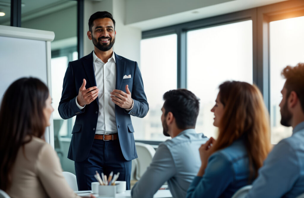 Business man practicing presentation skills in workshop