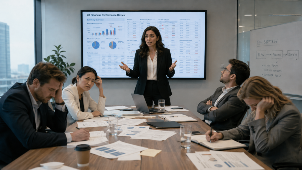 Business woman in a failing meeting due to communication issues