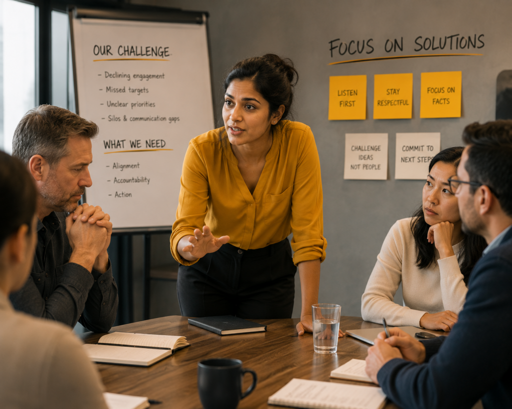young woman Leader facilitating a difficult discussion during a management or stakeholder meeting